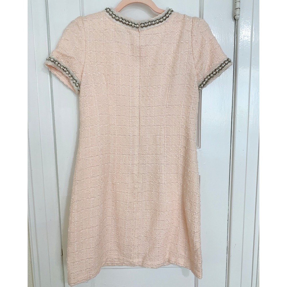 Vintage Betsey Johnson Pink Bouclé Tweed Shift 4 Pearl Rhinestone Mini Dress - Picture 11 of 16